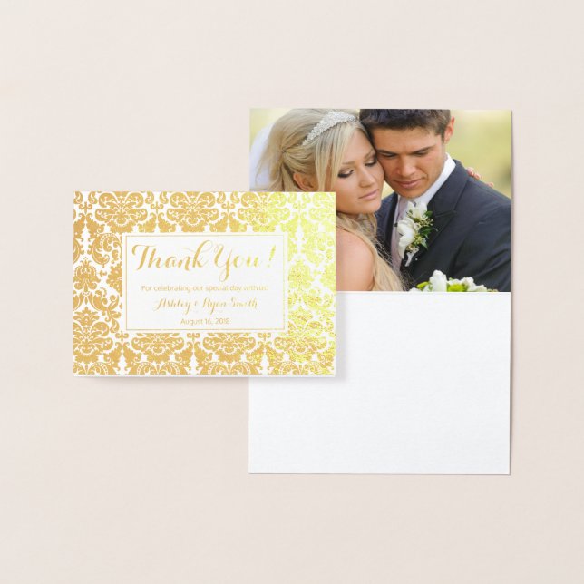 Damask Real Gold Foil Wedding Photo Thank you Card (Display)