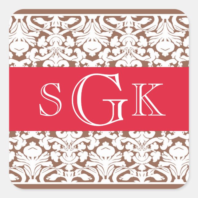 Damask red brown 3 initial monogram wedding favour square sticker (Front)