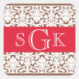 Damask red brown 3 initial monogram wedding favour square sticker