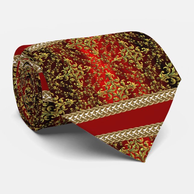 Damask Red Gold, Gold Chain Groom's Tie (Rolled)