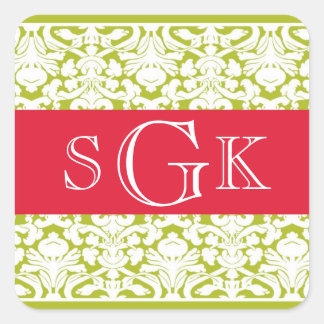 Damask red green 3 initial monogram wedding favour square sticker