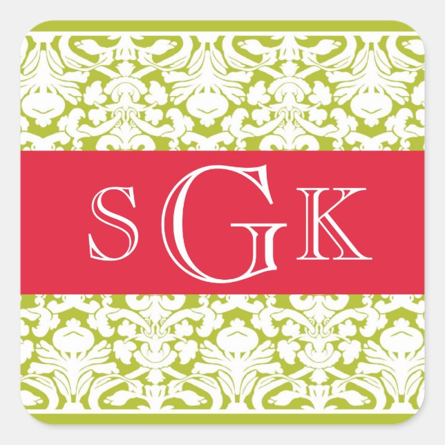 Damask red green 3 initial monogram wedding favour square sticker (Front)