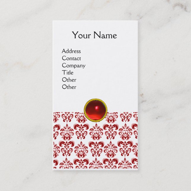 DAMASK RED MONOGRAM gem red ruby light white Business Card (Front)