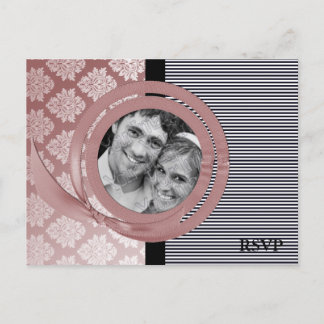 Damask Ribbon photoframe Wedding RSVP postcard