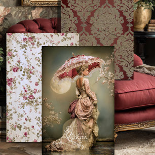 Damask Rose Victorian Moon Cherry Blossom Wrapping Paper Sheet