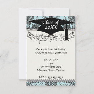 damask roses light blue and black graduation invitation