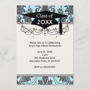 damask roses light blue and black graduation invitation
