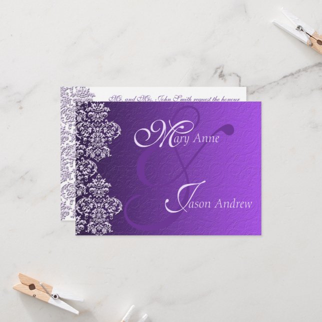 Damask Royal Purple Wedding Invitation Card (Front/Back In Situ)