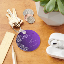 Damask Royal Purple Wedding Key Chain