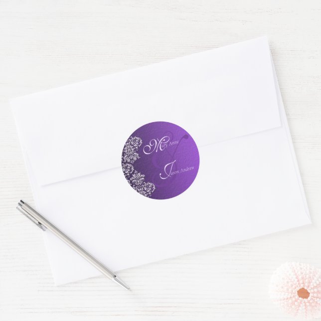 Damask Royal Purple Wedding Round Stickers (Envelope)