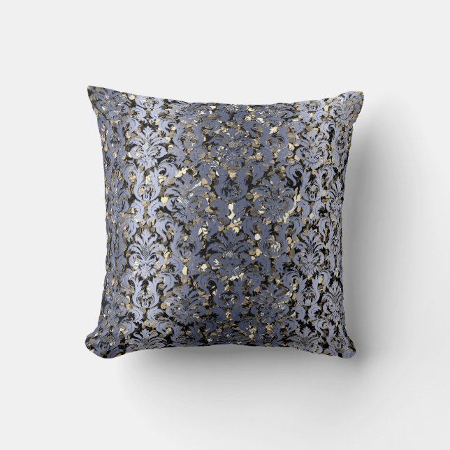 Damask Royal Sepia Gold Black Blue Navy Metallic Cushion (Front)