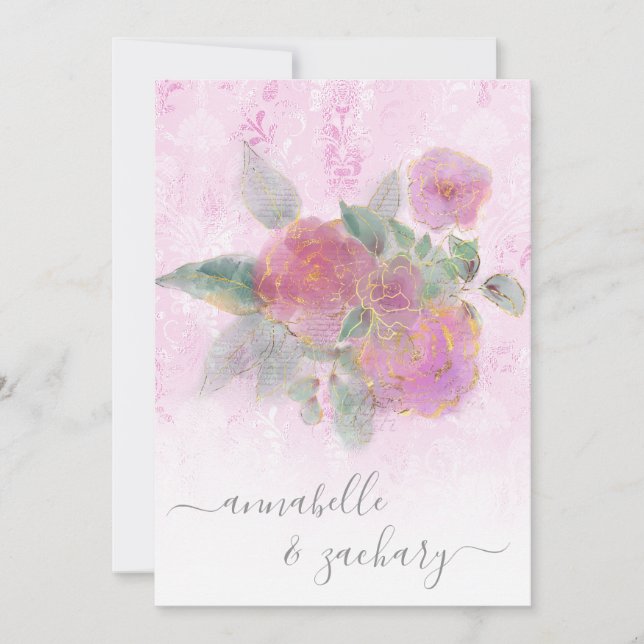 *~* Damask RSVP - QR Rose Bouquet AR12 Wedding Inv Invitation (Front)