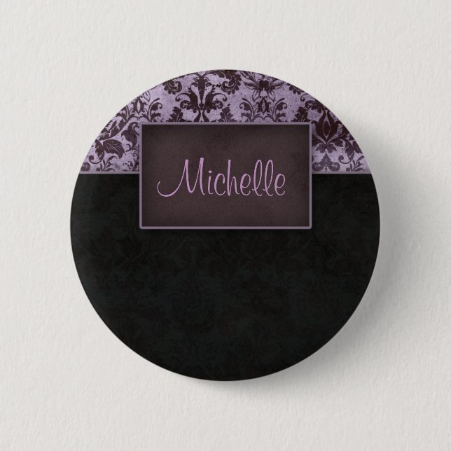 Damask Salon Spa Name Tag button pin Purple (Front)