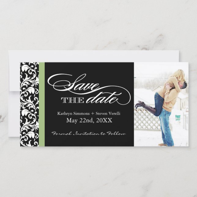 Damask  Save The Date with Green Accent Colour (Front)