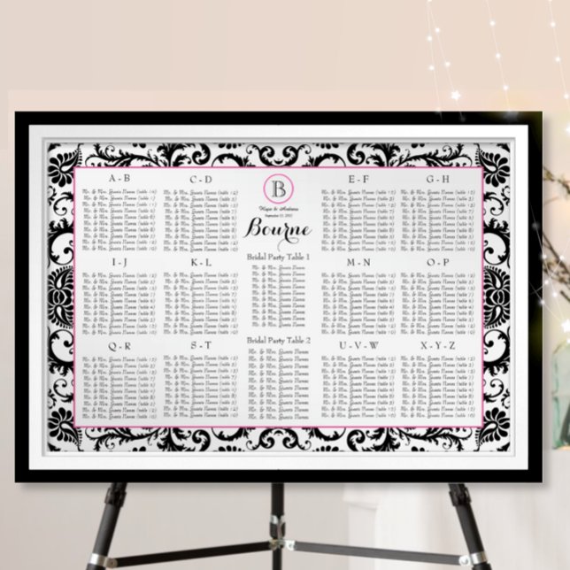 Damask Seating Chart Table Numbers - Alphabetical (To see frame and mat pricing,  please choose your options.)