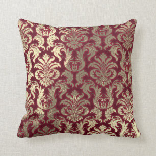 Damask Sepia Gold Metallic Burgundy Velvet Cushion