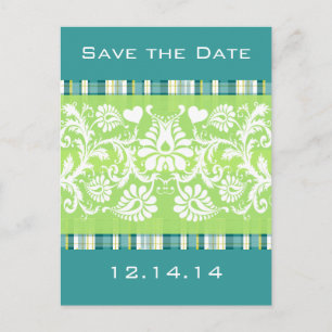 Damask Shown On Teal Plaid On Lime Announcement Postcard