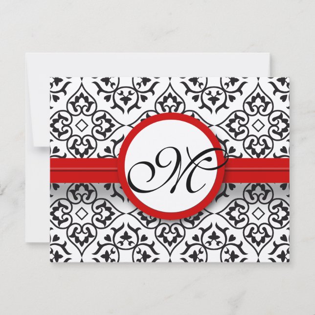 Damask Side Borders Red Trim Wedding RSVP (Front)