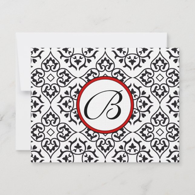 Damask Side Borders Red Trim Wedding RSVP Card (Front)