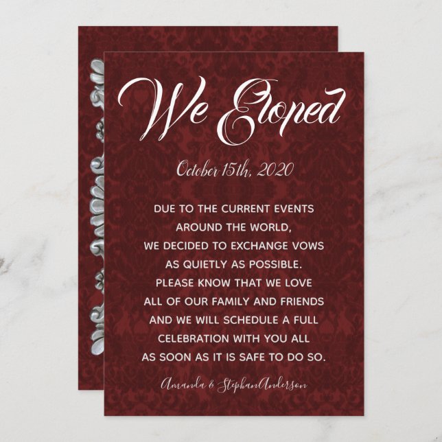 Damask Silver Frame Photo Elopement Announcement (Front/Back)