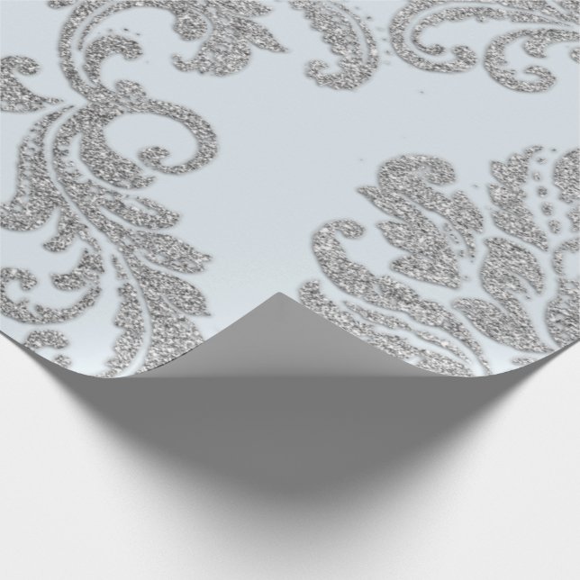 Damask Silver Grey Royal Metallic Blue Glitter Lux Wrapping Paper (Corner)