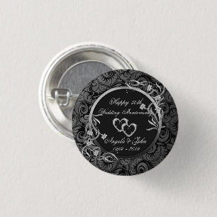Damask, Silver Hearts,Floral Wedding Anniversary 3 Cm Round Badge