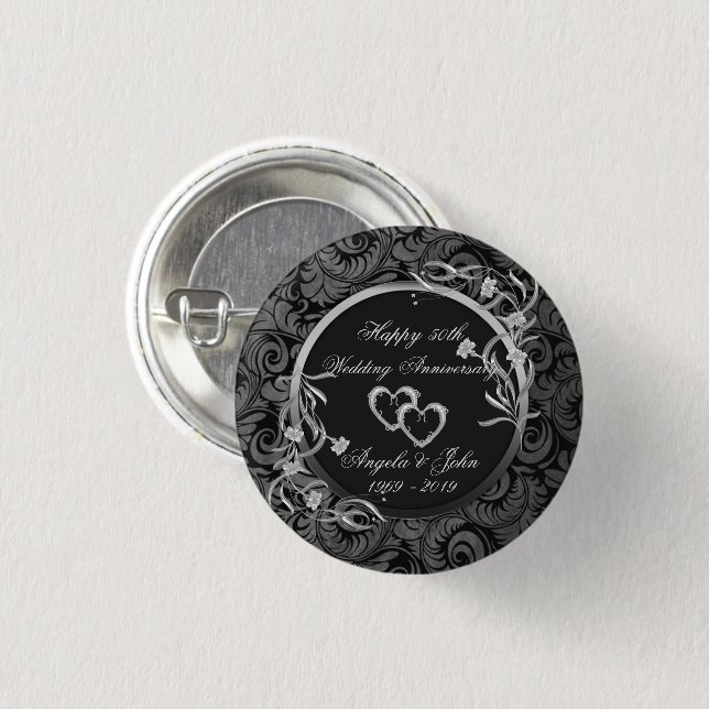 Damask, Silver Hearts,Floral Wedding Anniversary 3 Cm Round Badge (Front & Back)