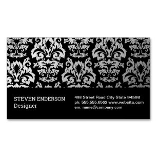 Damask Silver Metallic Pattern Black Background Magnetic Business Card