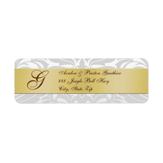 Damask Silver Monogram Christmas Address Labels (Front)