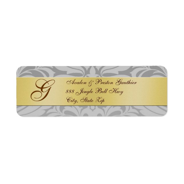 Damask Silver Monogram Christmas Address Labels (Front)