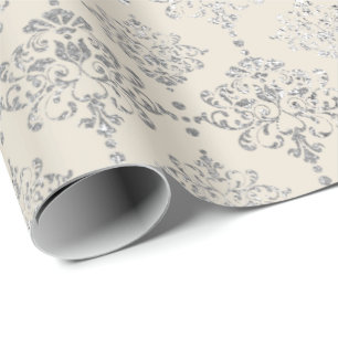 Damask Silver Royal Metallic Ivory Cottage Wrapping Paper
