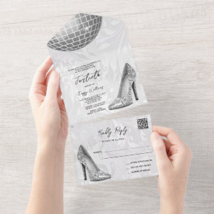 Damask, Silver Stilettos & Disco Ball 40th QR CODE All In One Invitation