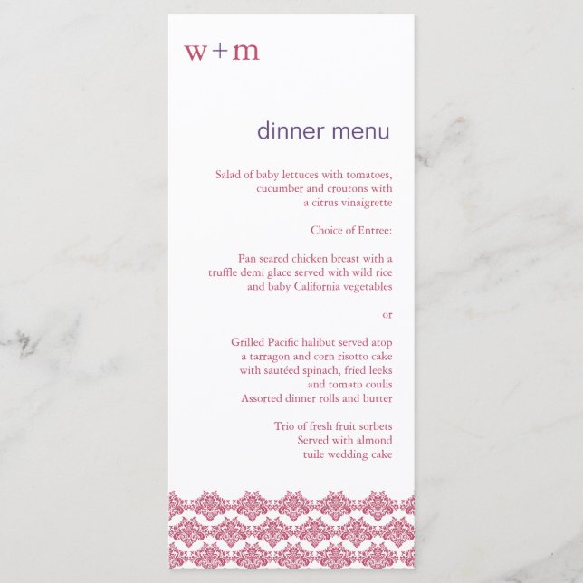 Damask Simplicity Berry Purple Wedding Menu (Front)