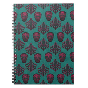 DAMASK SKULL HOT PINK ON TEAL SPIRAL NOTEBOOK