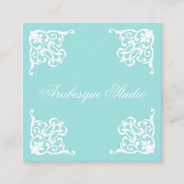 Damask, Sophisticated Blue and White Square Business Card (Front)