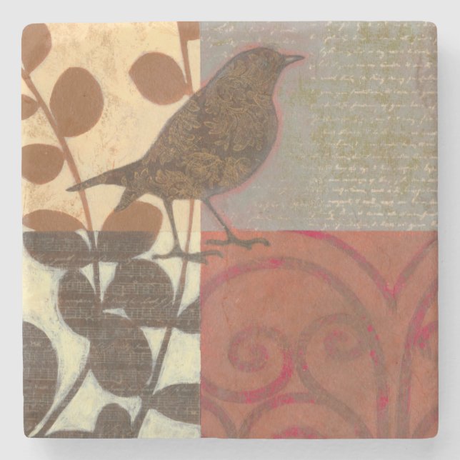 Damask Sparrow Stone Coaster (Front)