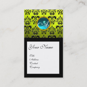 DAMASK SQUARE MONOGRAM,blue aquamarine yellow Business Card