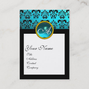 DAMASK SQUARE MONOGRAM, blue turquase aquamarine Business Card