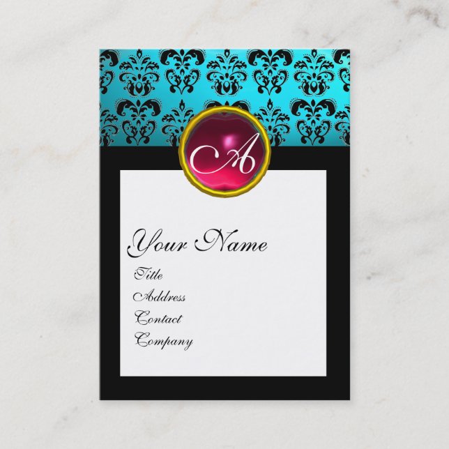 DAMASK SQUARE MONOGRAM, blue turquase red ruby Business Card (Front)