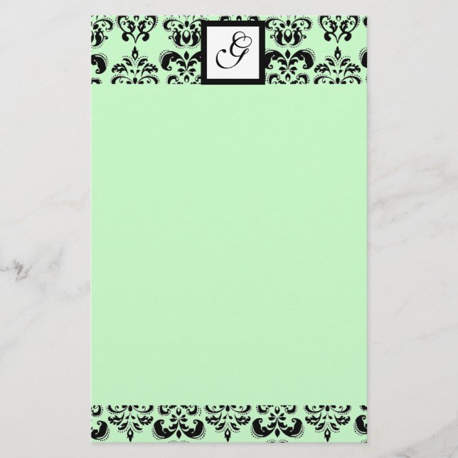DAMASK SQUARE MONOGRAM ,green Stationery (Front)