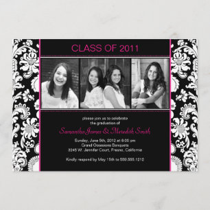 Damask Stripes Grad - Black/White/Fuschia Invitation