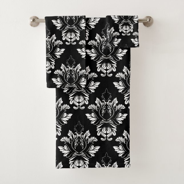 Damask style black and white bath towel set (Insitu)