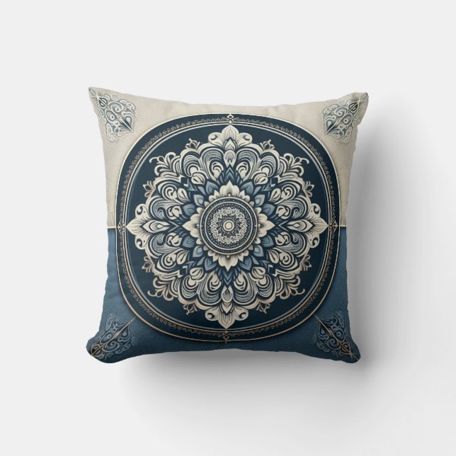 Damask Style Blue and Beige Throw Pillow (Front)