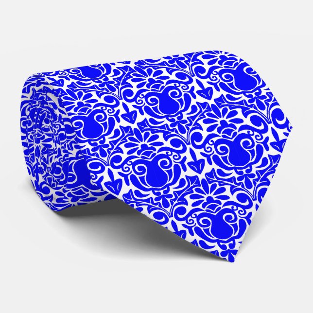 Damask Style - Blue on White Tie (Rolled)