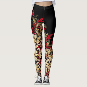 Damask Style Red and Black Leggings
