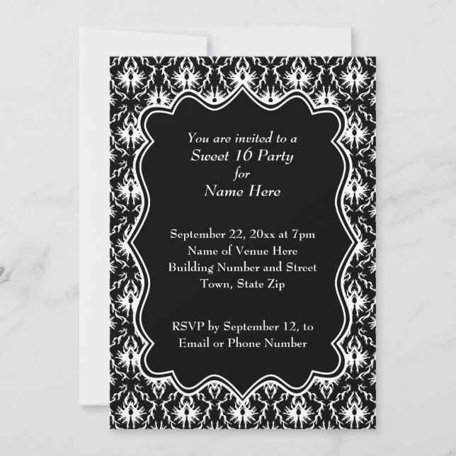 Damask Sweet 16 in Black and White. Invitation (Front)