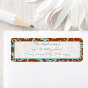 Damask Swirl Aqua Blue & Brown Address Label