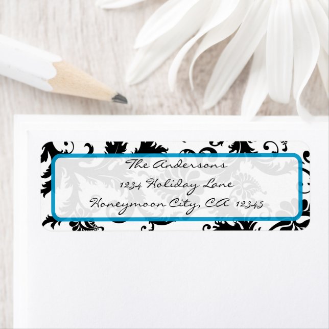 Damask Swirl Bright Aqua & Black Address Label (Insitu)