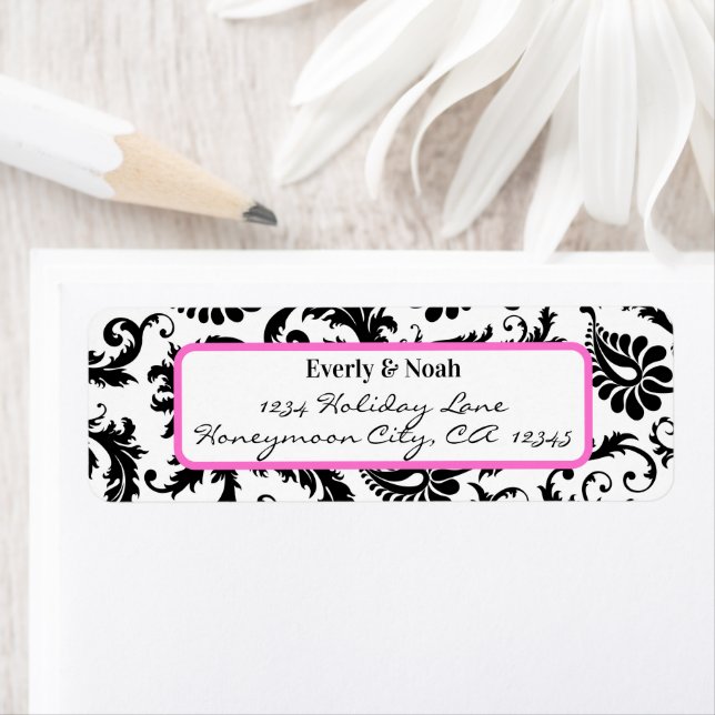 Damask Swirl Bright Pink & Black Address Label (Insitu)