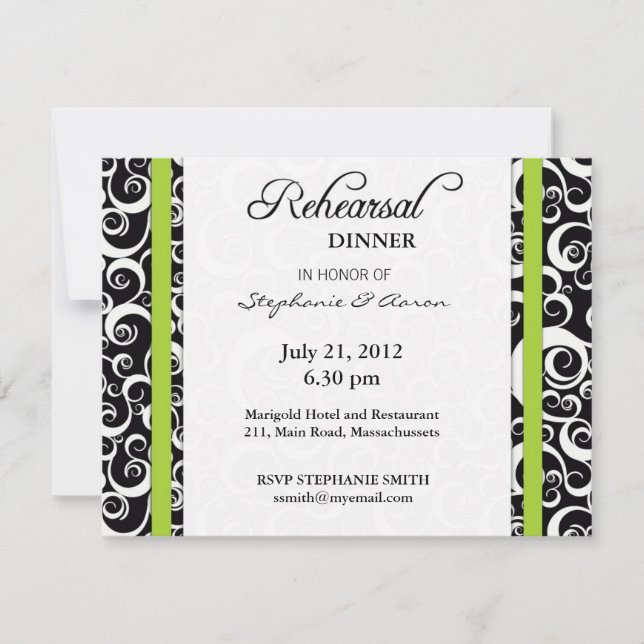 Damask Swirl Rehearsal Dinner Card in Green (Front)